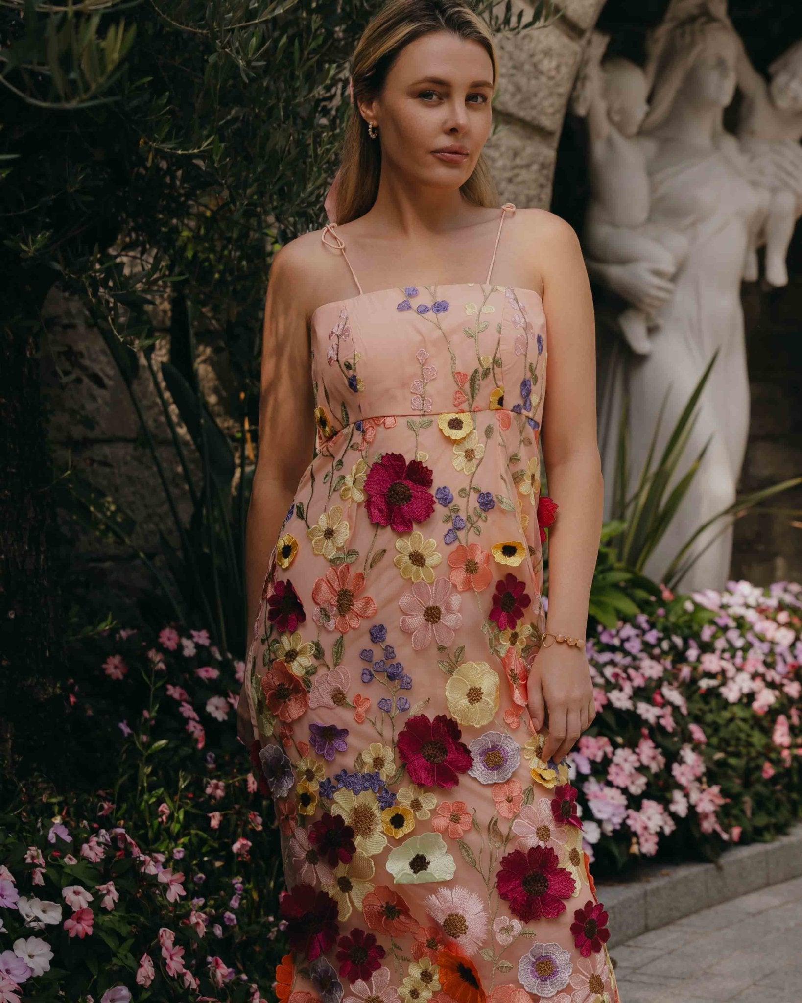 Pink floral embroidery midi dress for women