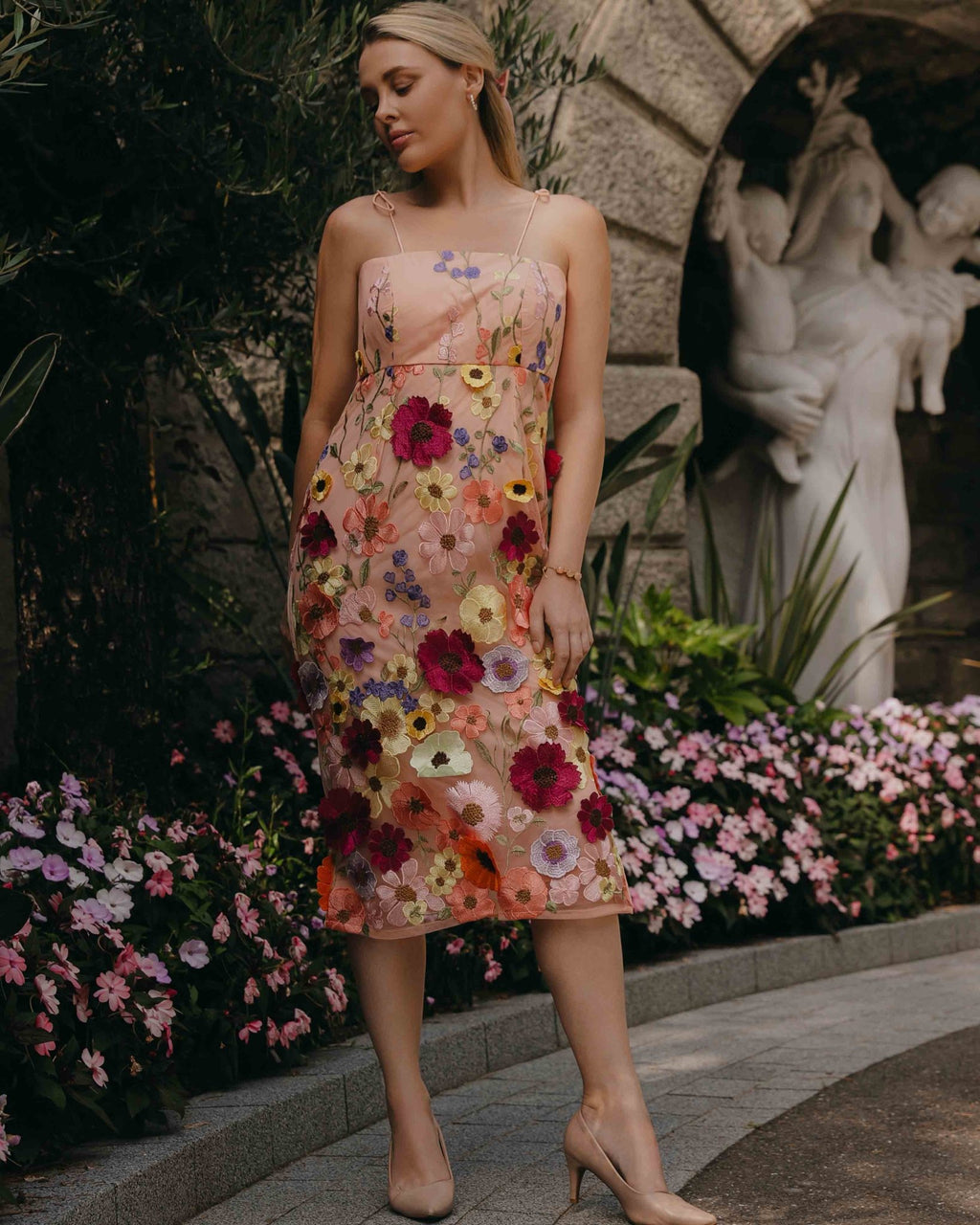 Pink floral embroidery midi dress for women