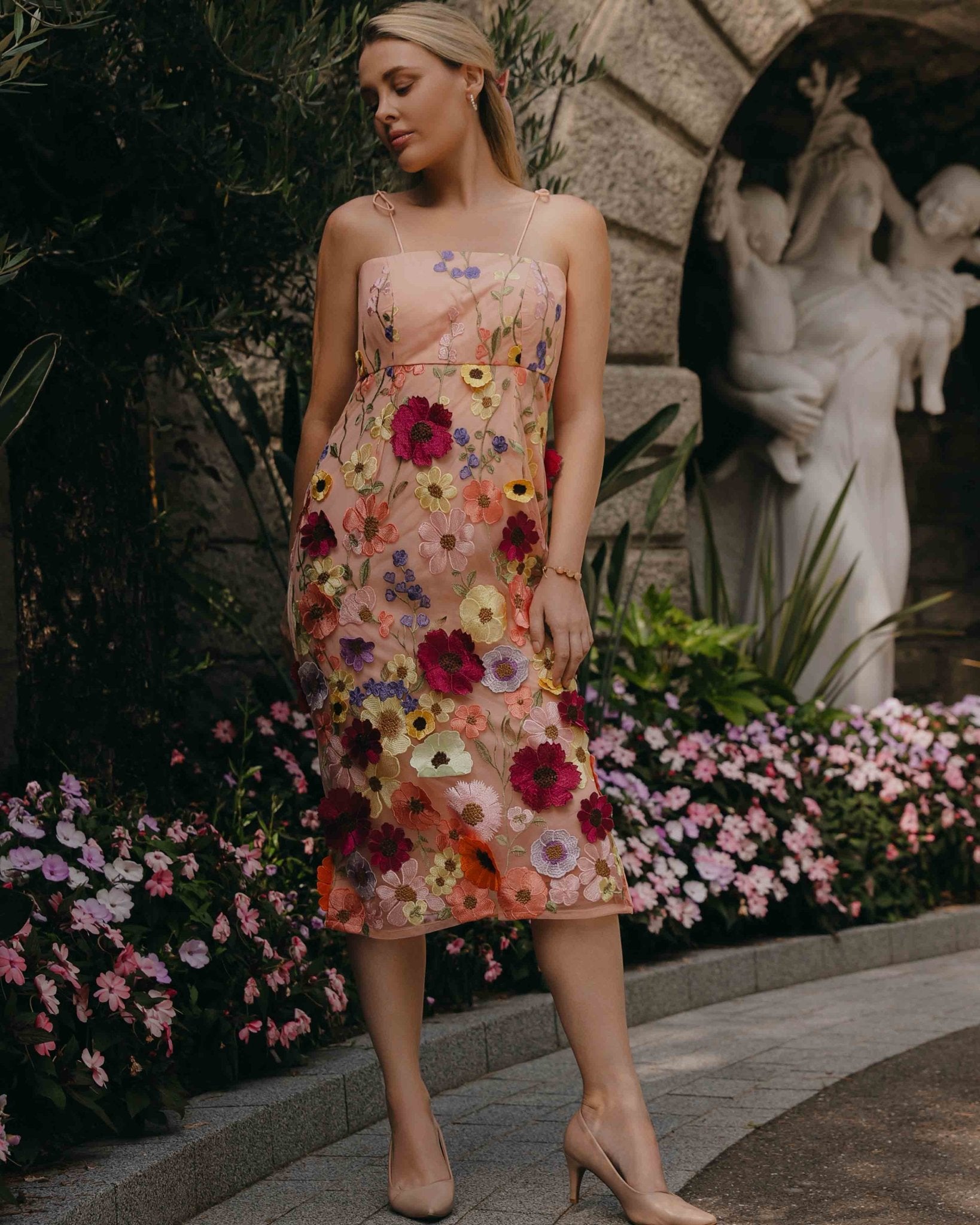 Pink floral embroidery midi dress for women