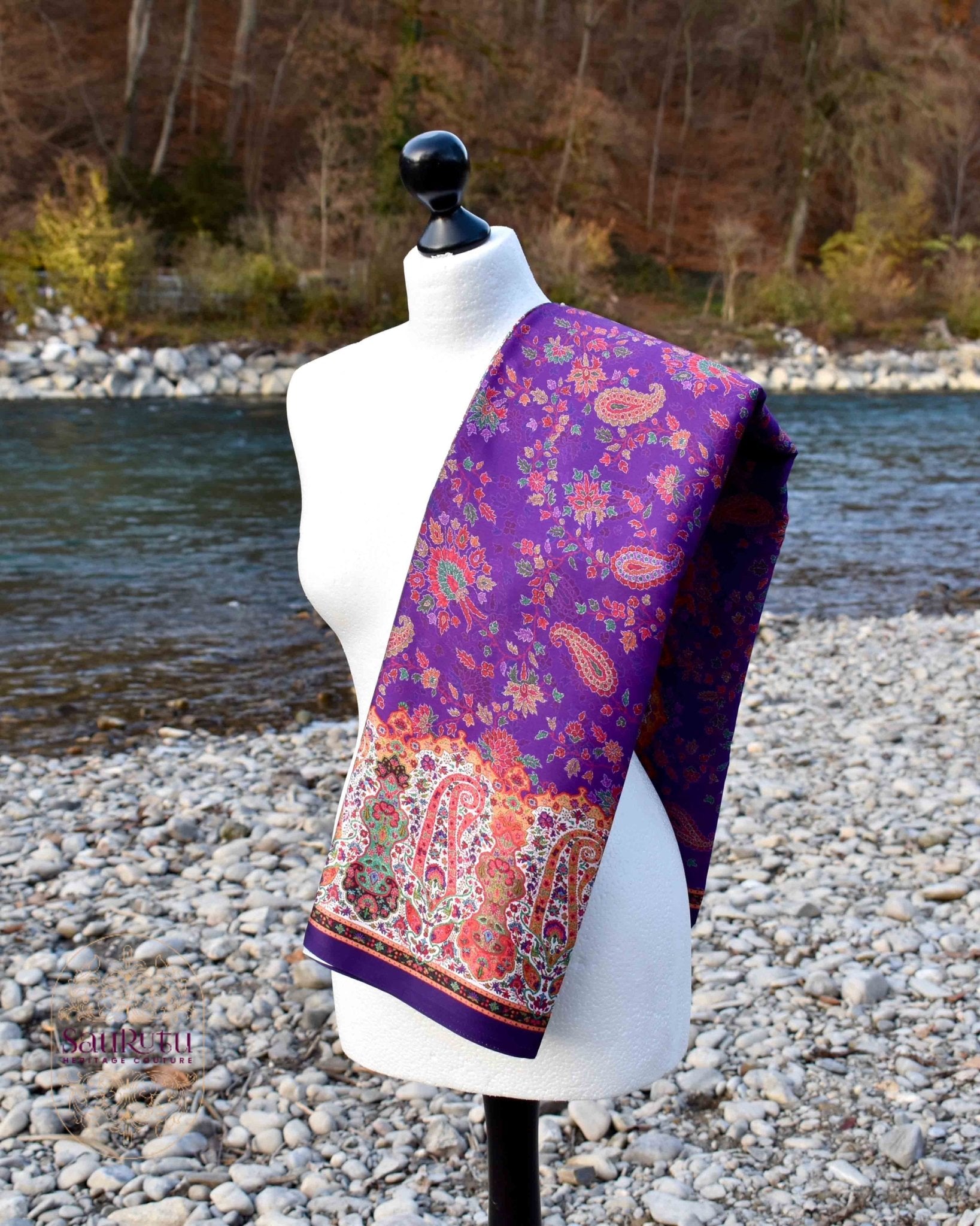Purple Ajrakh-Inspired Japan Satin Saree - Saurutu Heritage Couture