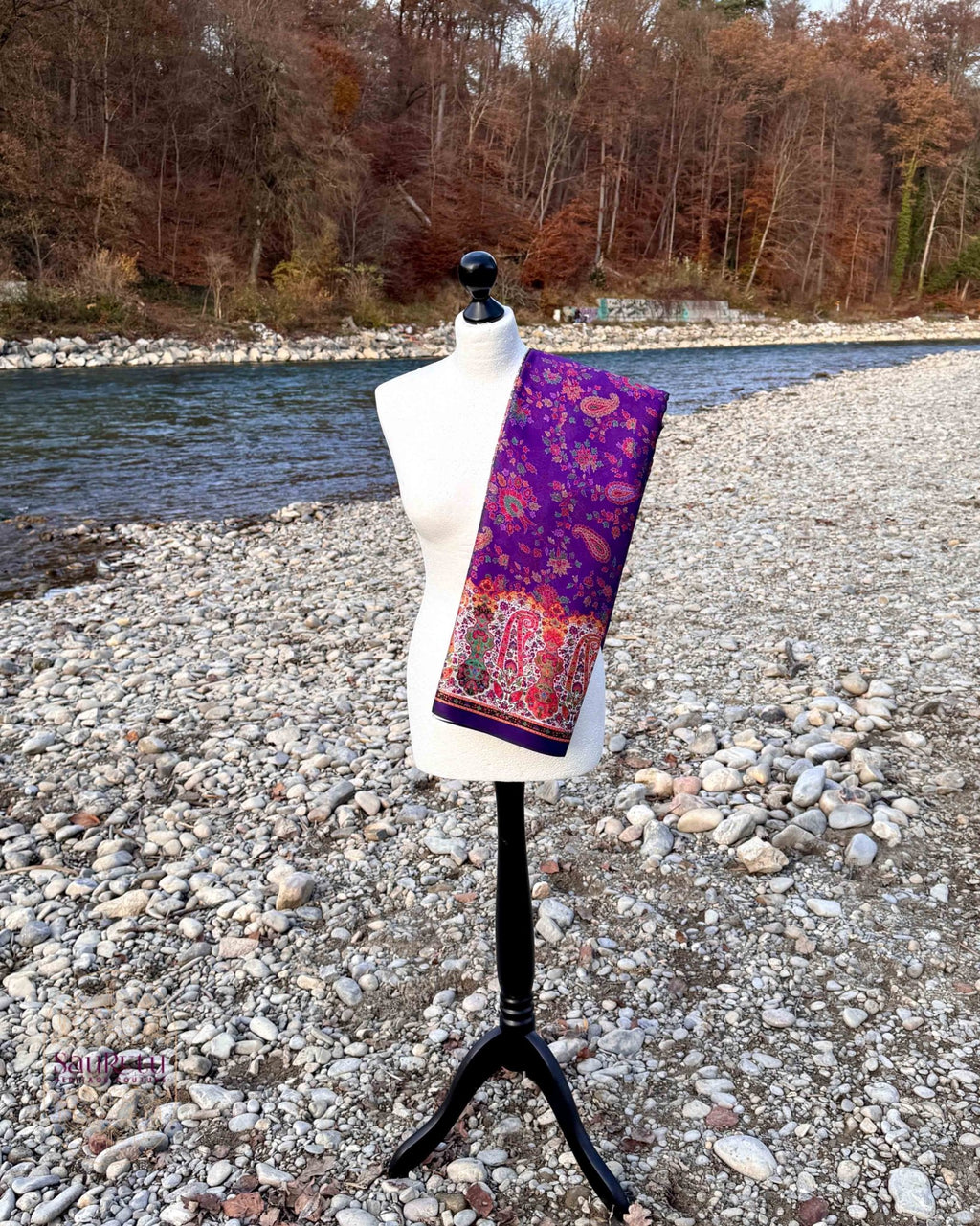 Purple Ajrakh-Inspired Japan Satin Saree - Saurutu Heritage Couture