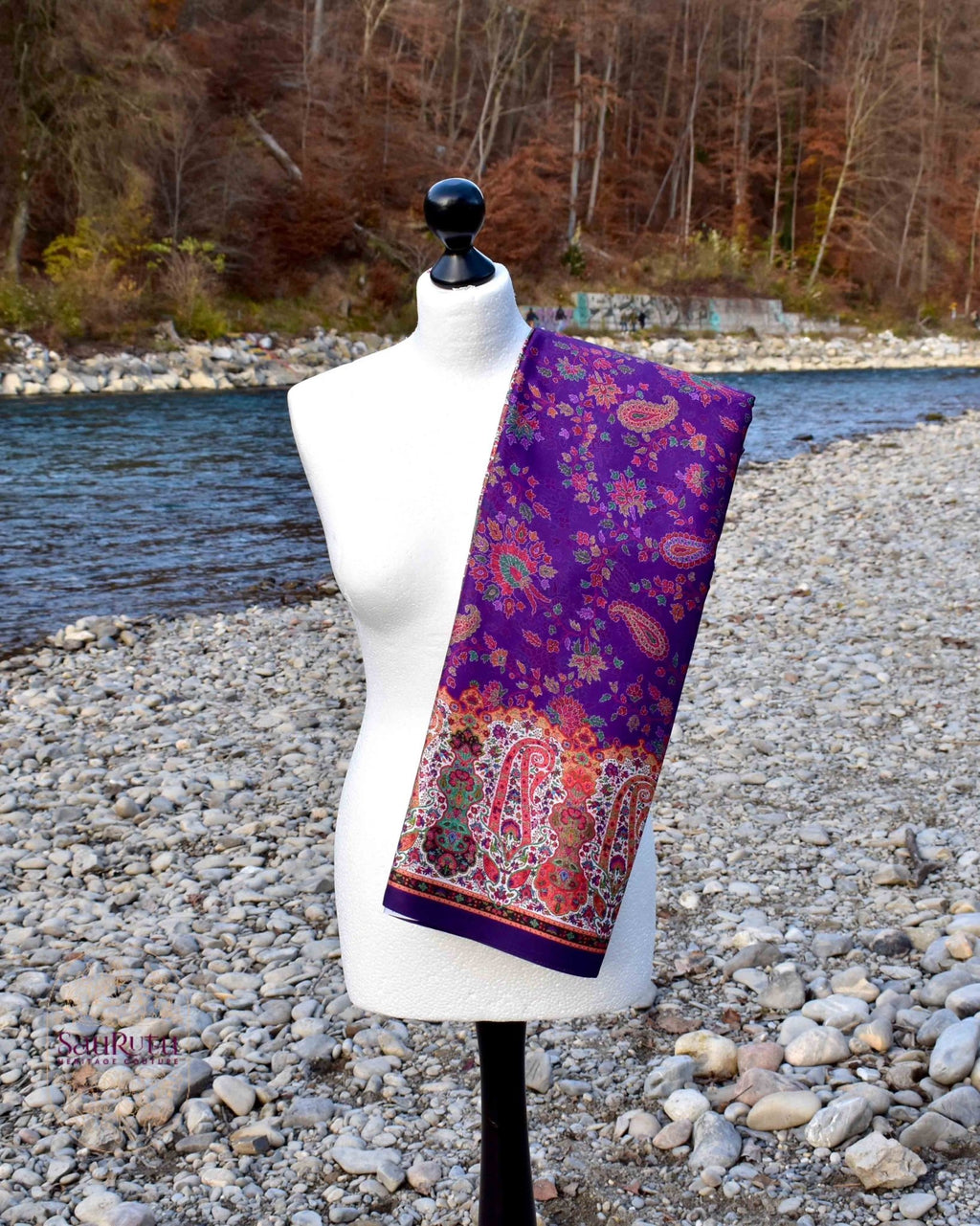 Purple Ajrakh-Inspired Japan Satin Saree - Saurutu Heritage Couture