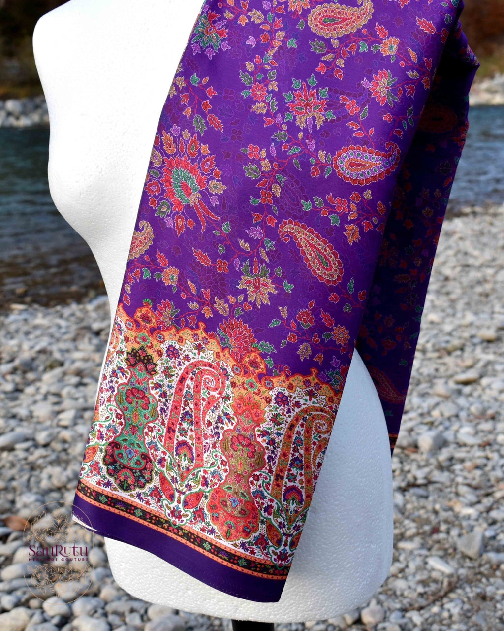 Purple Ajrakh-Inspired Japan Satin Saree - Saurutu Heritage Couture