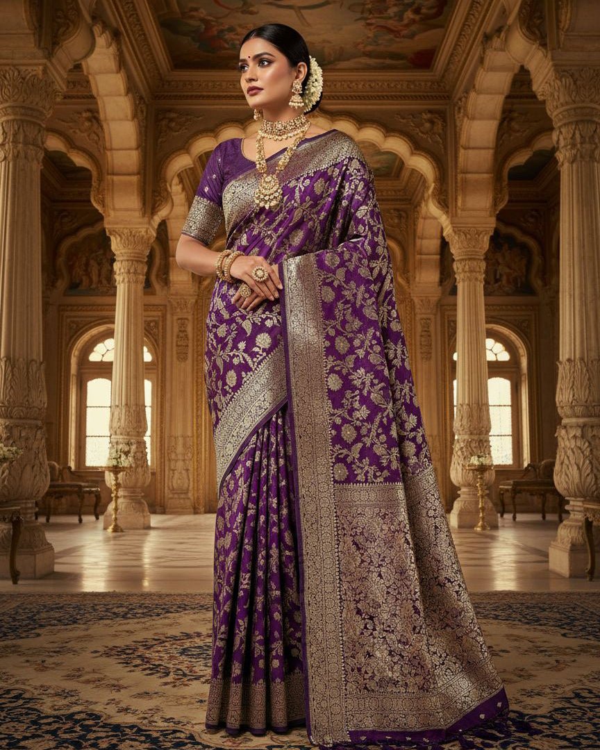 Purple Banarasi Noor Silk Saree - Saurutu Heritage Couture