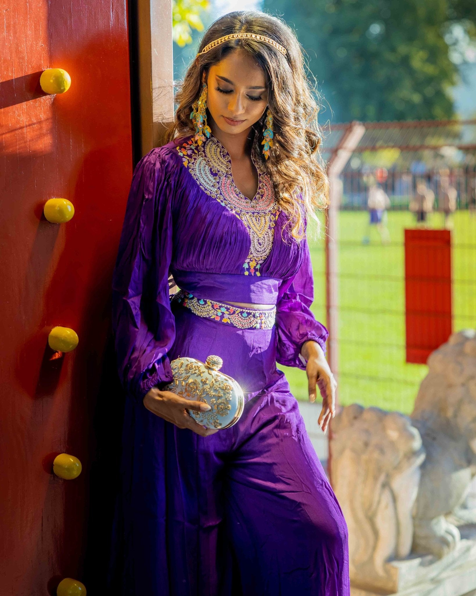 Purple Georgette Crop Top and Palazzo Set - Saurutu Heritage Couture