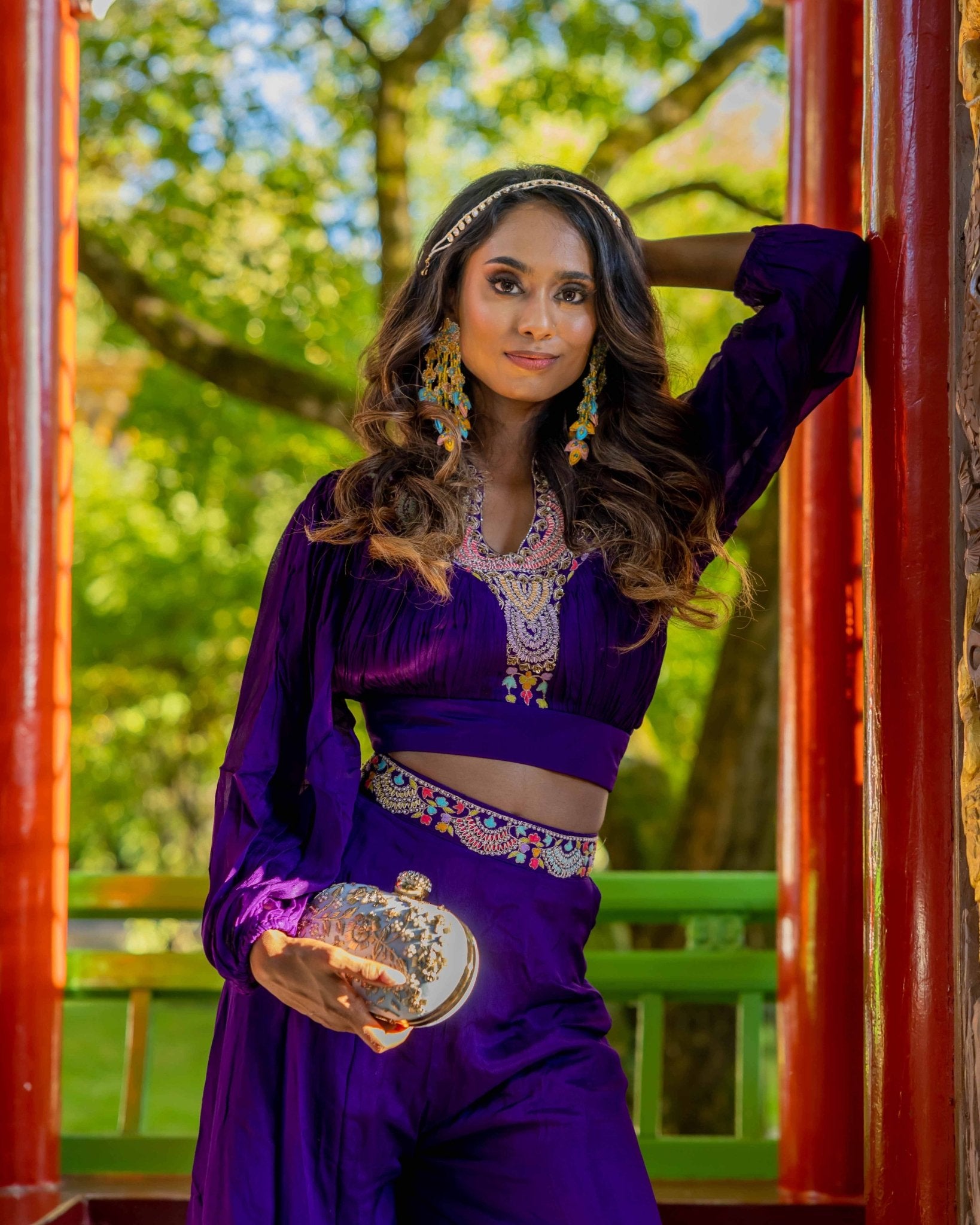 Purple Georgette Crop Top and Palazzo Set - Saurutu Heritage Couture