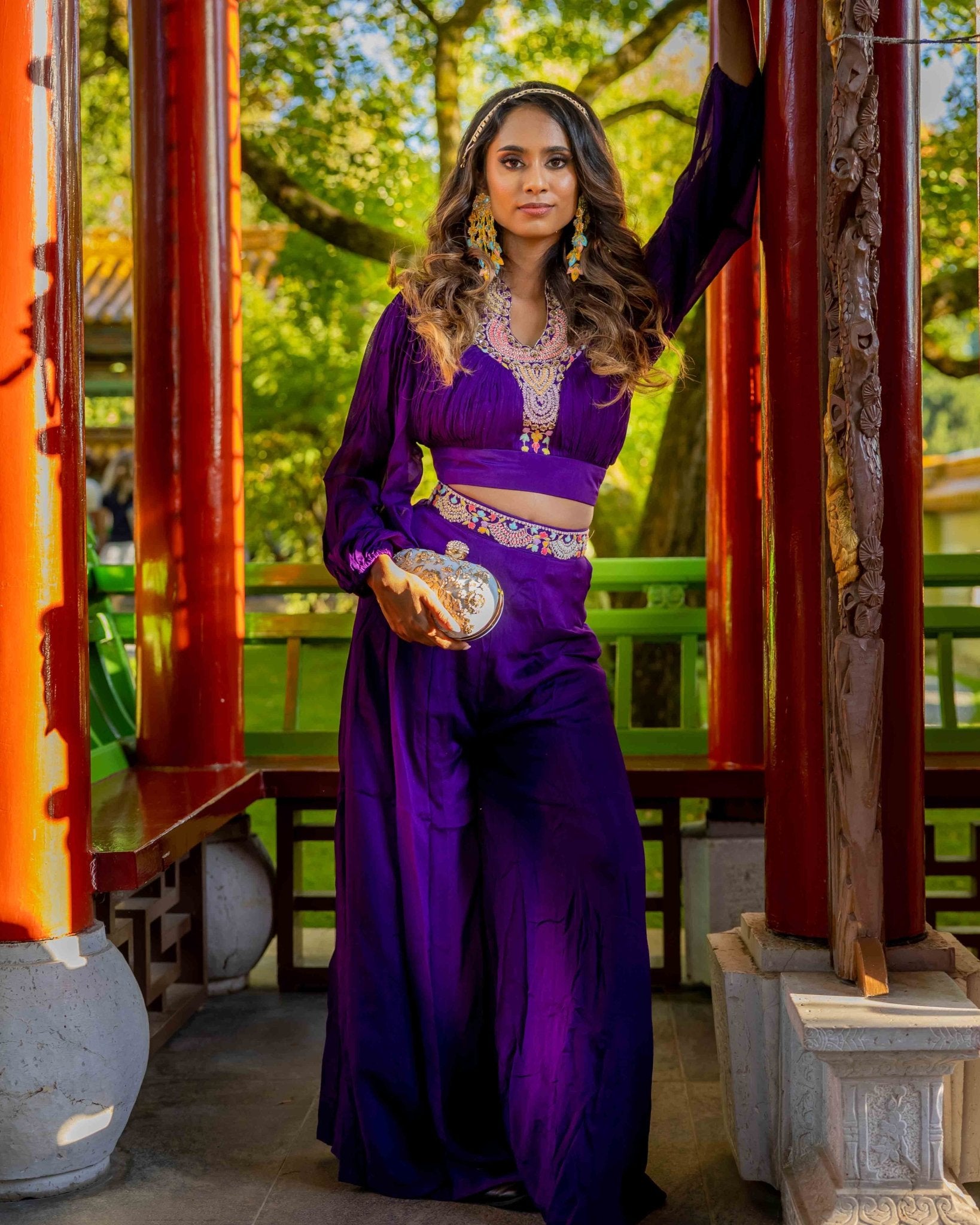 Purple Georgette Crop Top and Palazzo Set - Saurutu Heritage Couture