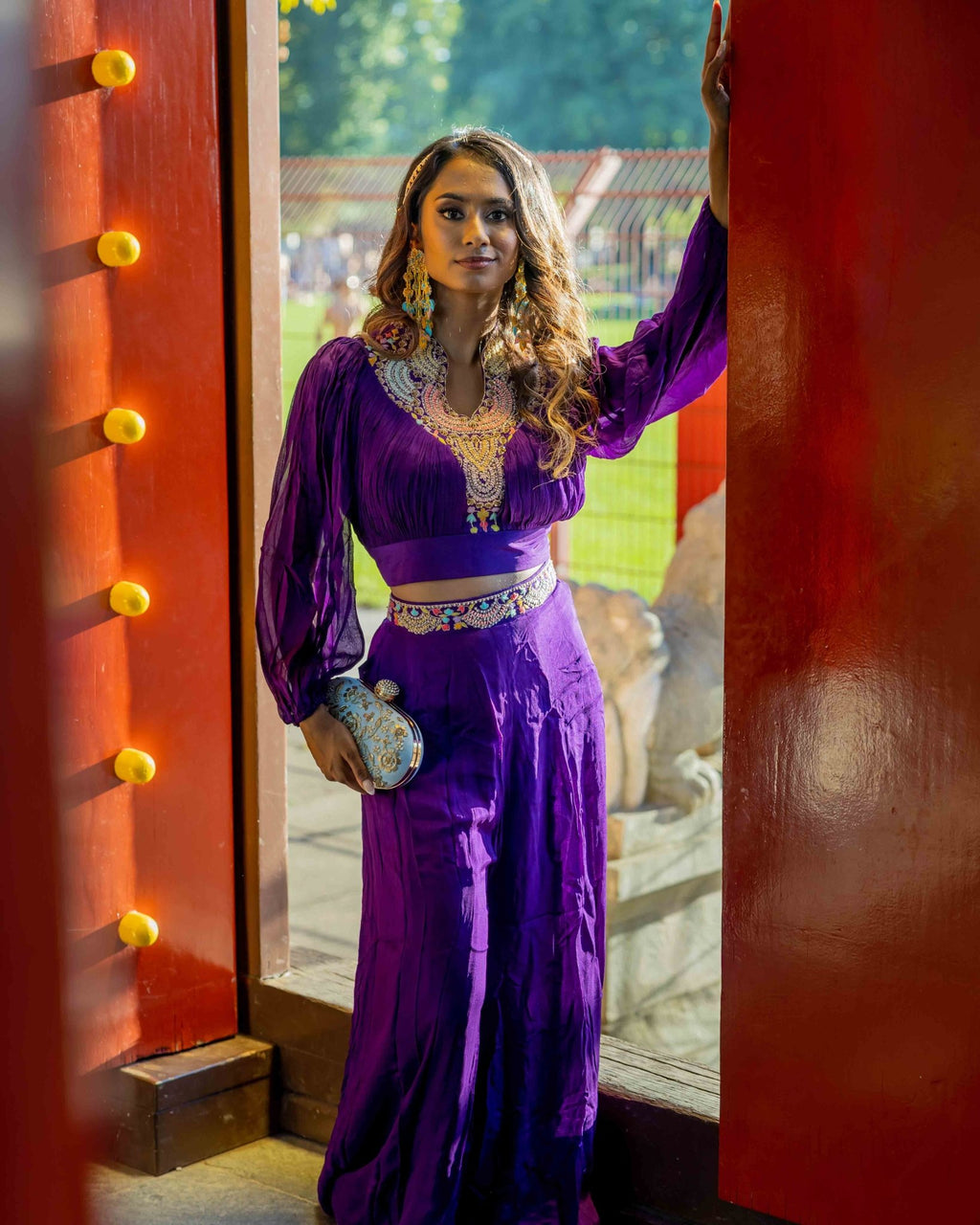 Purple Georgette Crop Top and Palazzo Set - Saurutu Heritage Couture