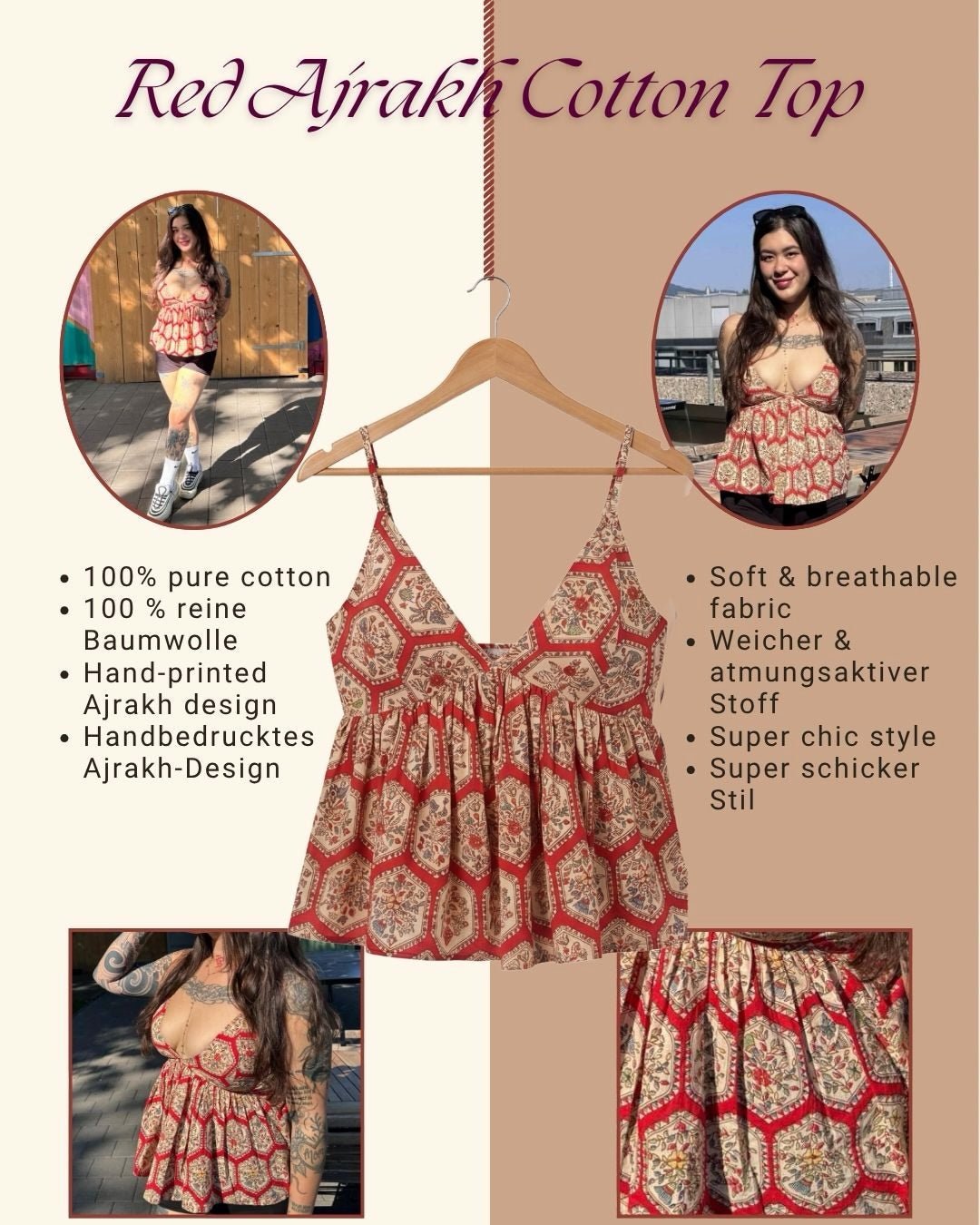 Red Ajrakh Printed Pure Cotton Top - Saurutu Heritage Couture
