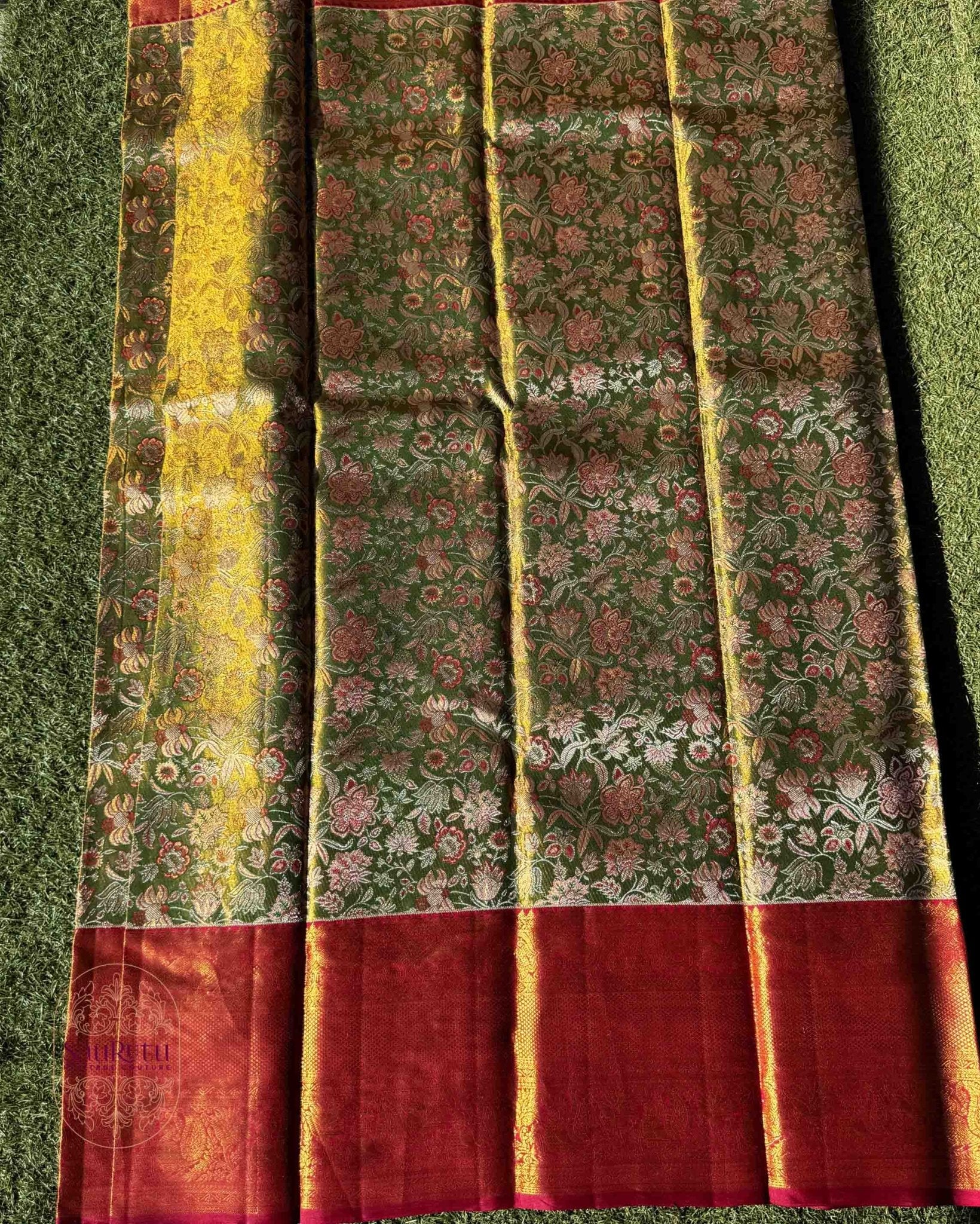 Royal Green Dharmavaram Brocade Silk Saree with Zari Work Pallu - Saurutu Heritage Couture