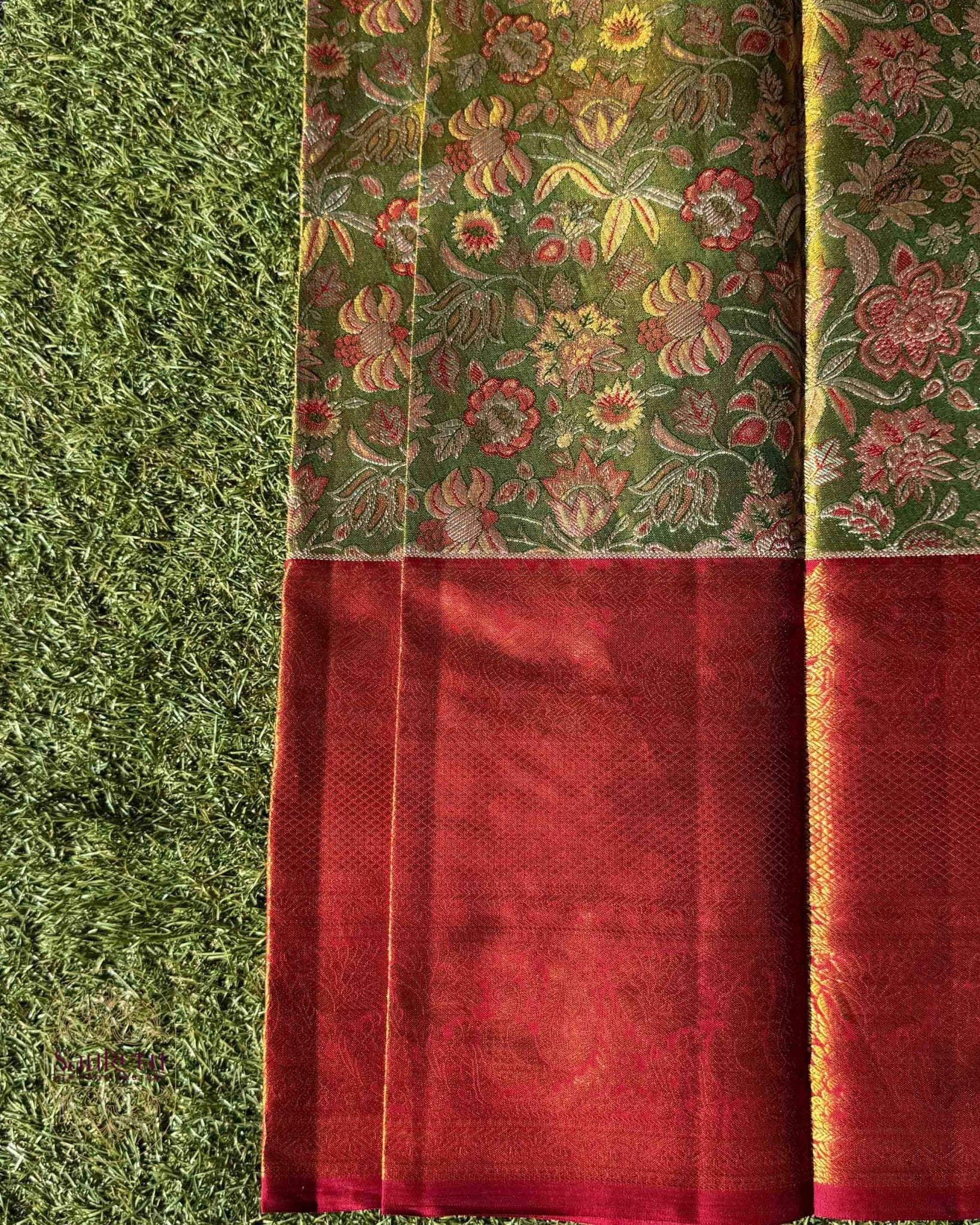 Royal Green Dharmavaram Brocade Silk Saree with Zari Work Pallu - Saurutu Heritage Couture