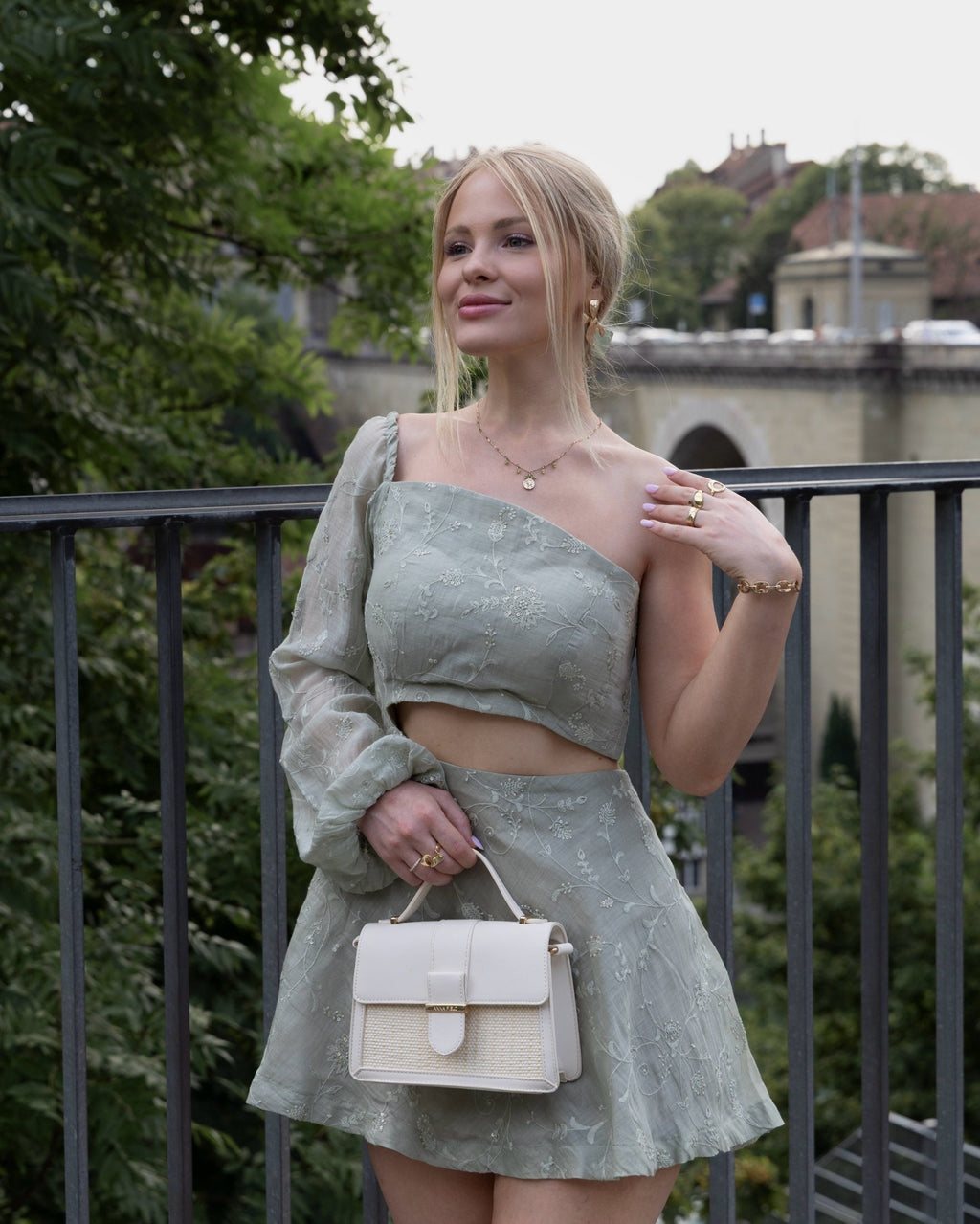 Sage Green One-Shoulder Silk Dress - Saurutu Heritage Couture