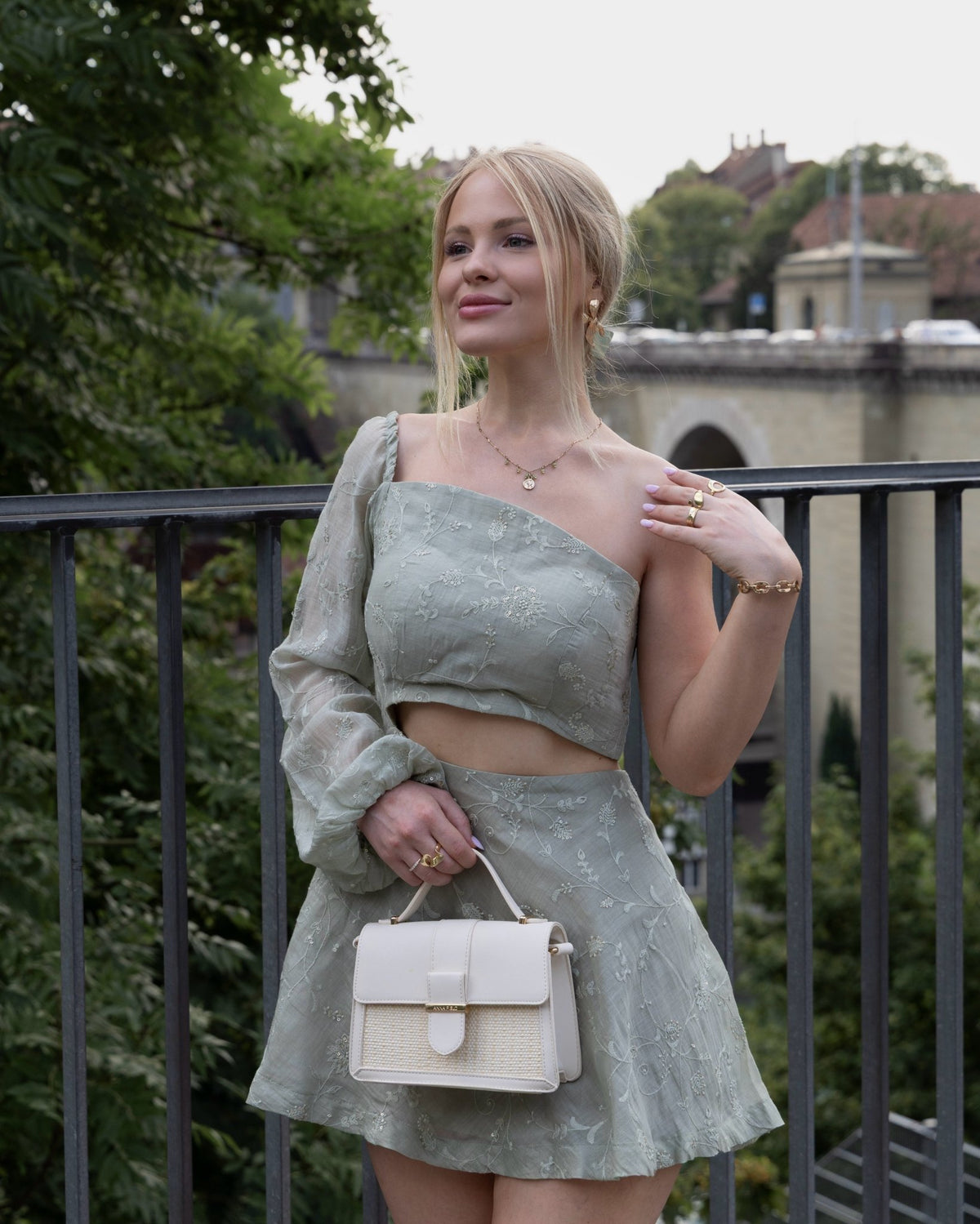 Sage Green One-Shoulder Silk Dress - Saurutu Heritage Couture