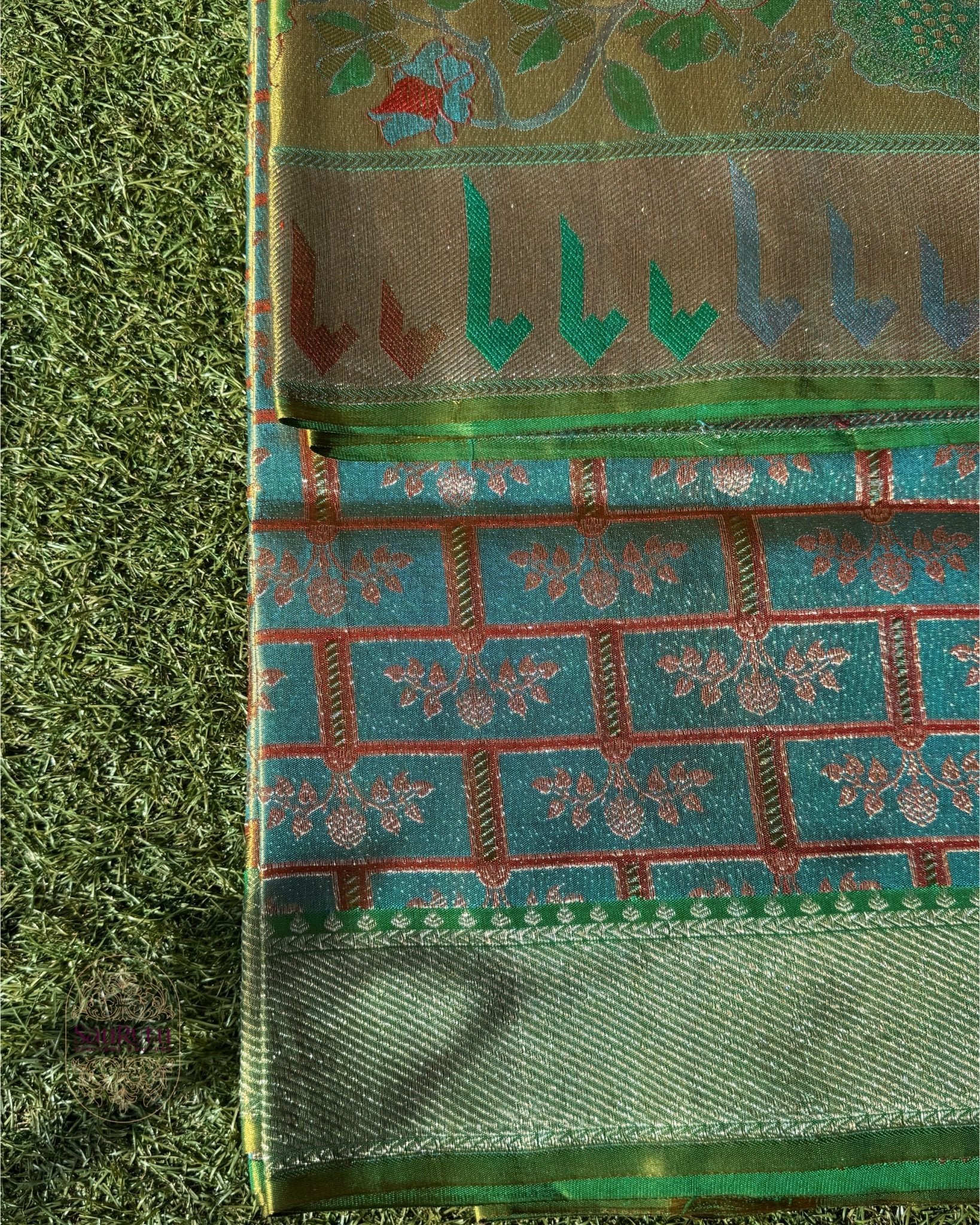Teal Dharmavaram Silk Saree with One Gram Gold Zari & Muniya Border - Saurutu Heritage Couture