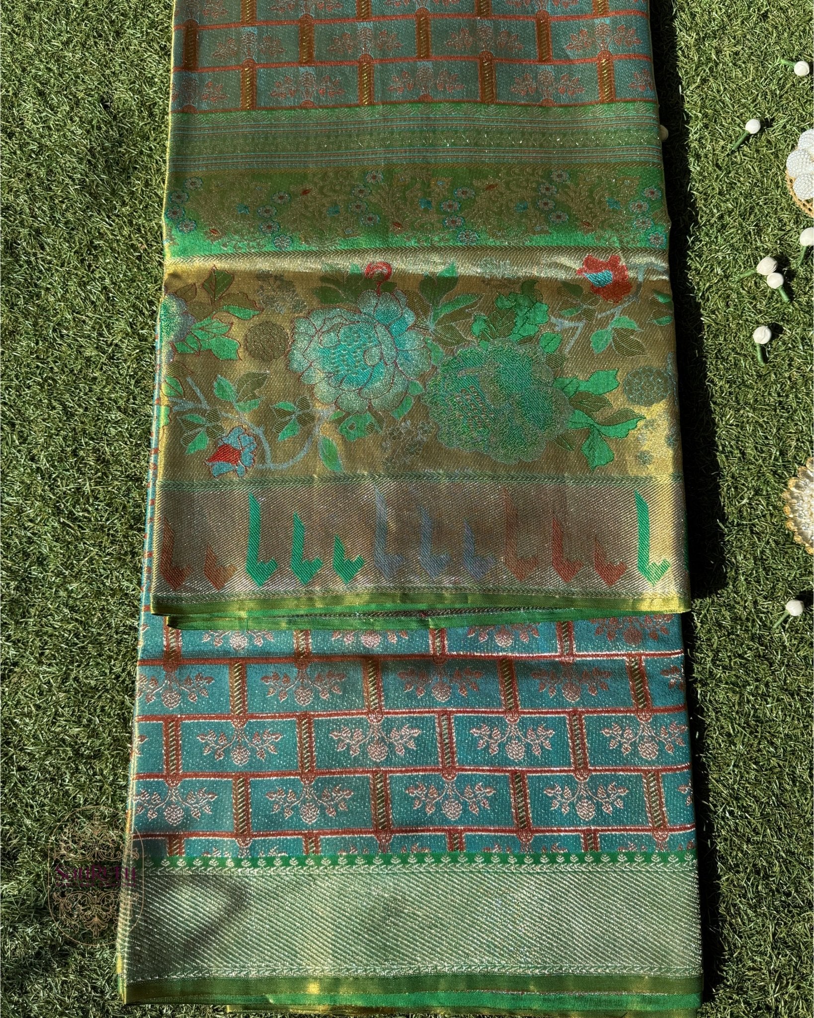Teal Dharmavaram Silk Saree with One Gram Gold Zari & Muniya Border - Saurutu Heritage Couture