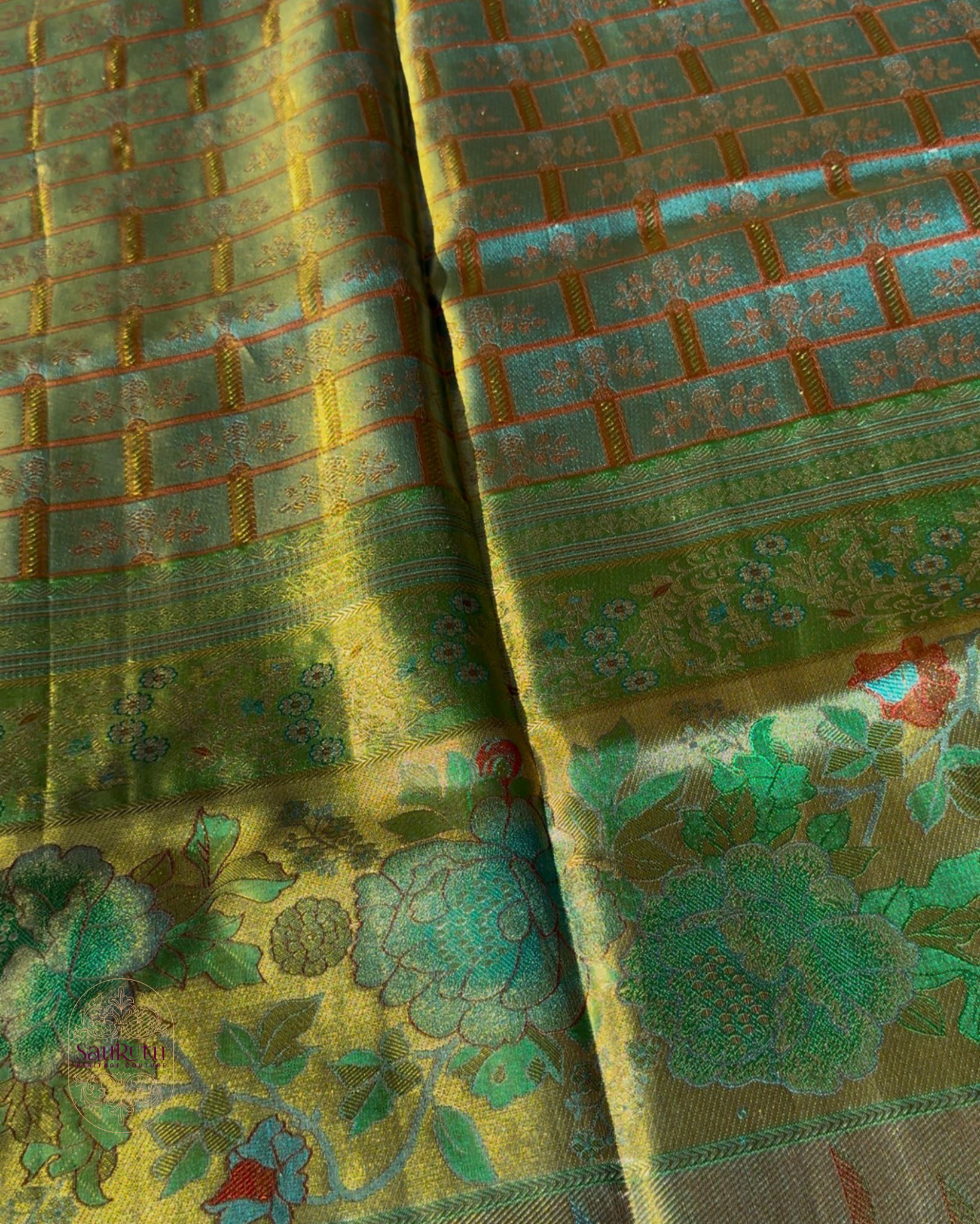 Teal Dharmavaram Silk Saree with One Gram Gold Zari & Muniya Border - Saurutu Heritage Couture