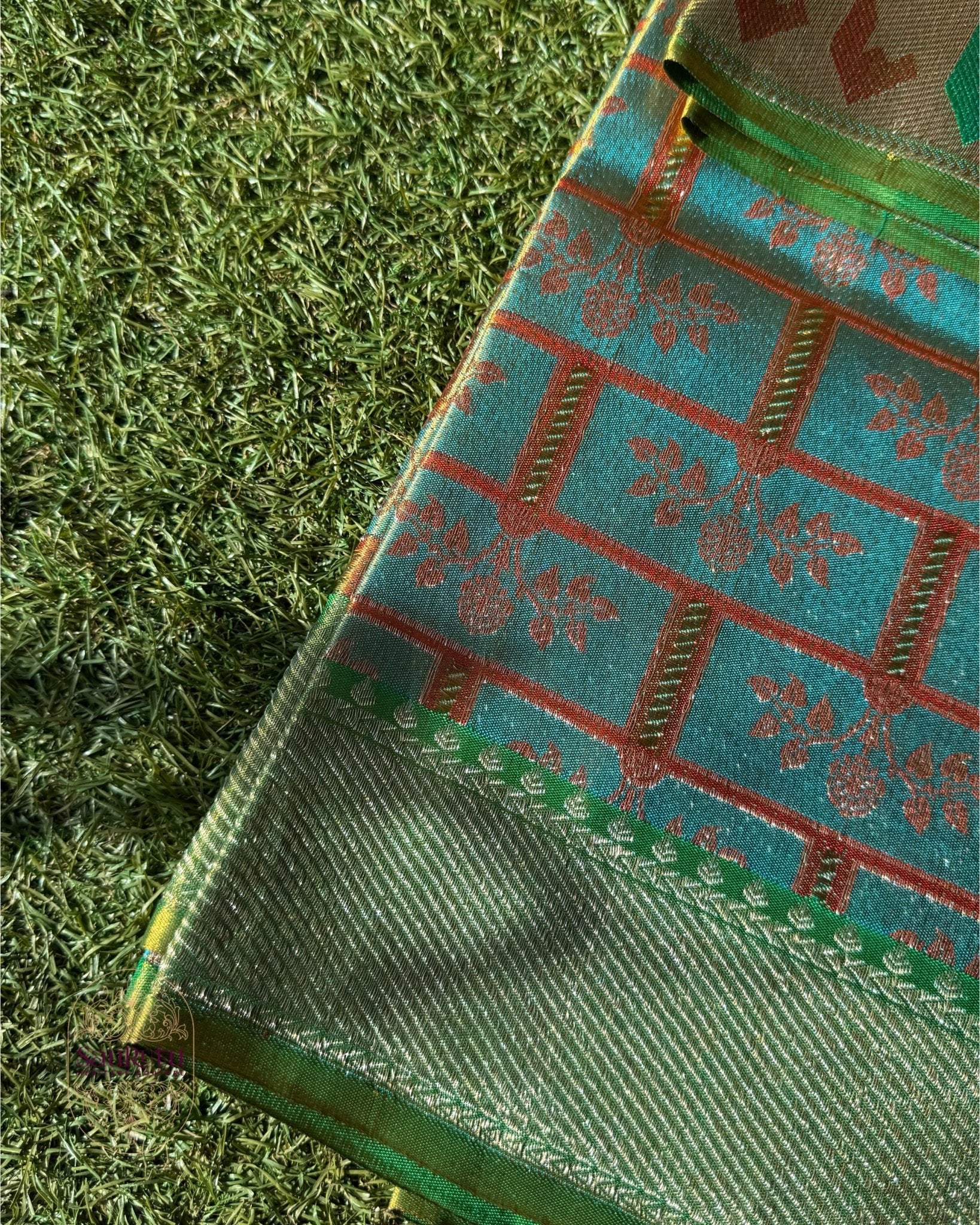 Teal Dharmavaram Silk Saree with One Gram Gold Zari & Muniya Border - Saurutu Heritage Couture