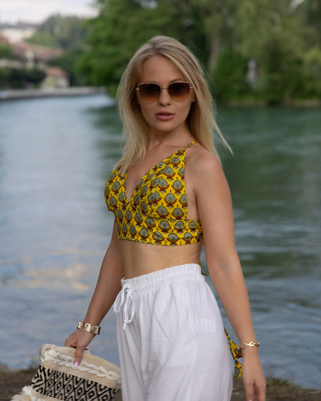 Yellow Cotton Ajrak Bralette Top - Saurutu Heritage Couture