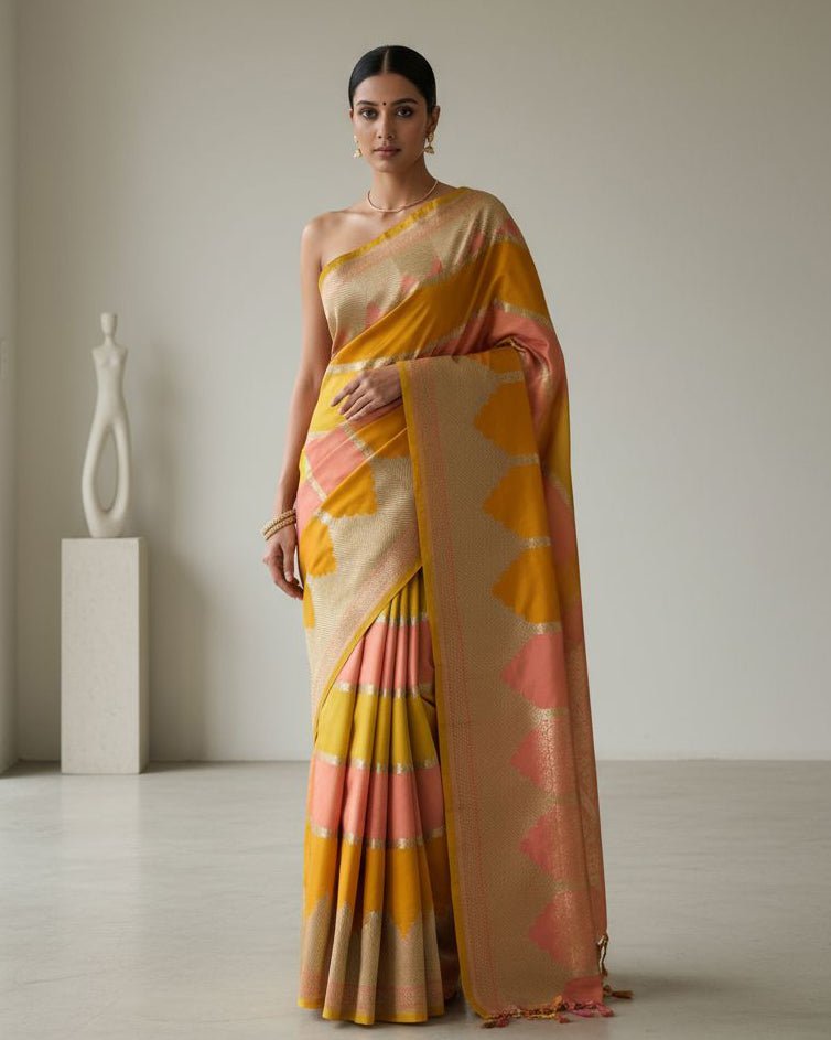 Yellow Pink Banarasi Silk Saree - Saurutu Heritage Couture
