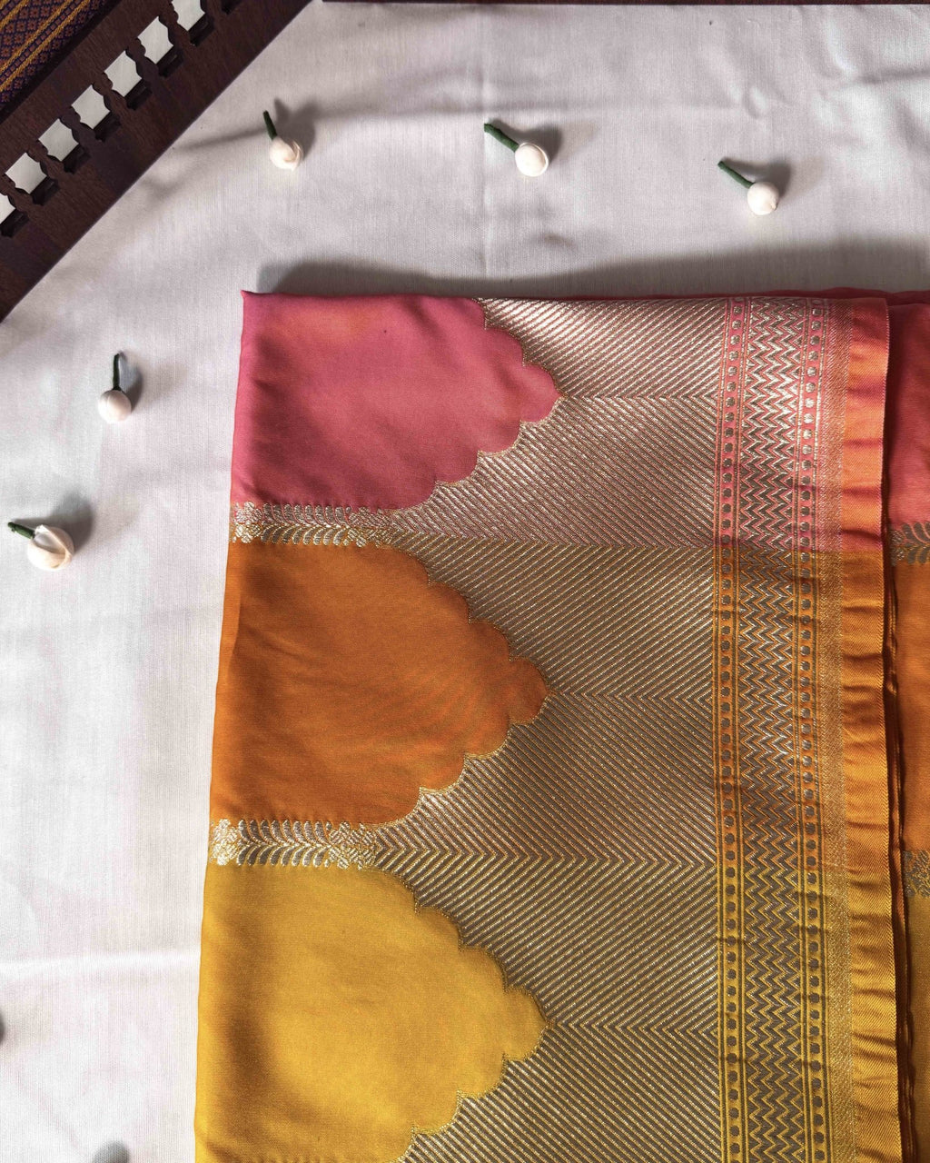 Yellow Pink Banarasi Silk Saree - Saurutu Heritage Couture
