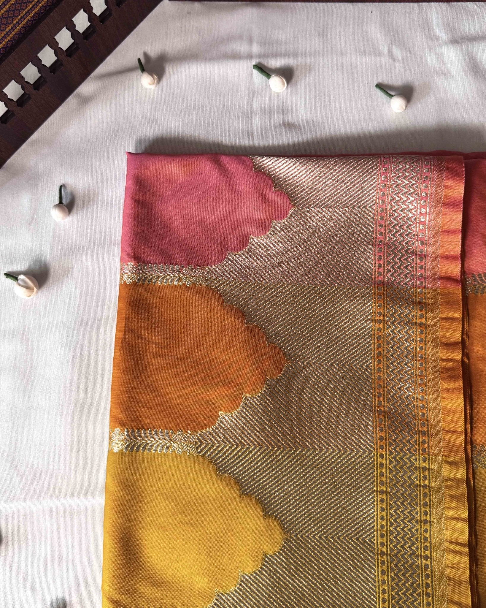 Yellow Pink Banarasi Silk Saree - Saurutu Heritage Couture